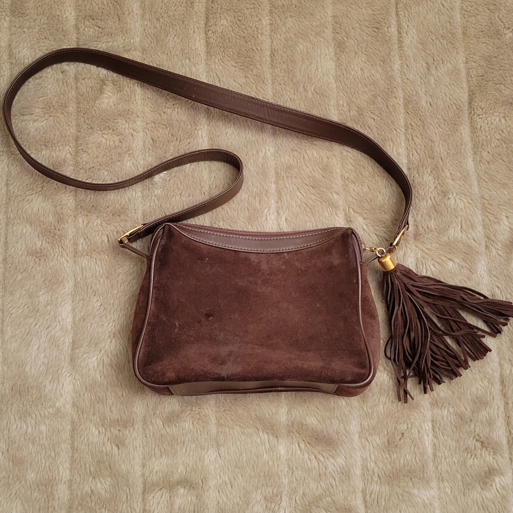 Gucci vintage suede crossbody with leather fringe tassel